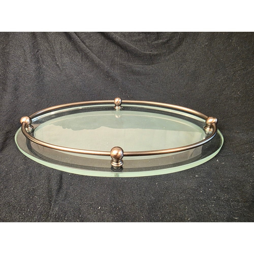Oval Frosted Glass Vanity Tray Bronze Metal Rail Sphere Finials 12 Inch